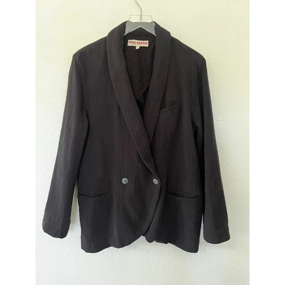 Free People Cotton Gauze Double Breasted Relaxed Blazer S Black Career Jacket